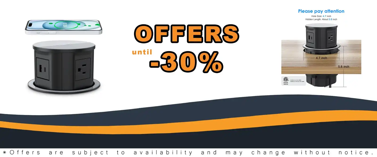 4.7 inch pop up outlet with 15W wireless charger 4 outlets 1 USB-C 1 USB-A