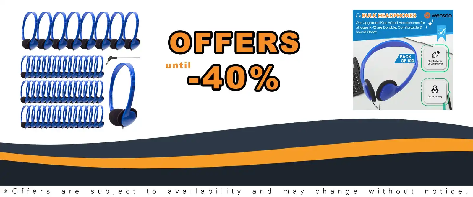100 blue kid headphones bulk pack for school classroom