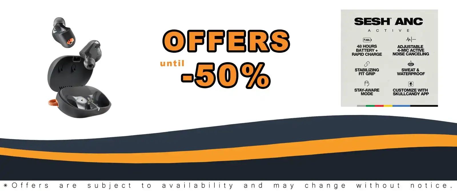 Skullcandy Sesh ANC Active Wireless Earbuds, black/orange, noise cancelling, sweat proof
